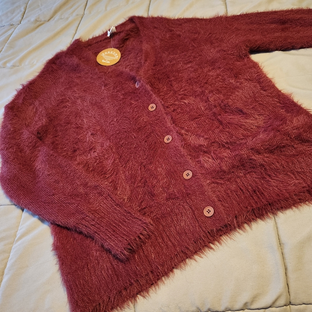 Splendid Fuzzy Button-Up Cardigan in Burgundy